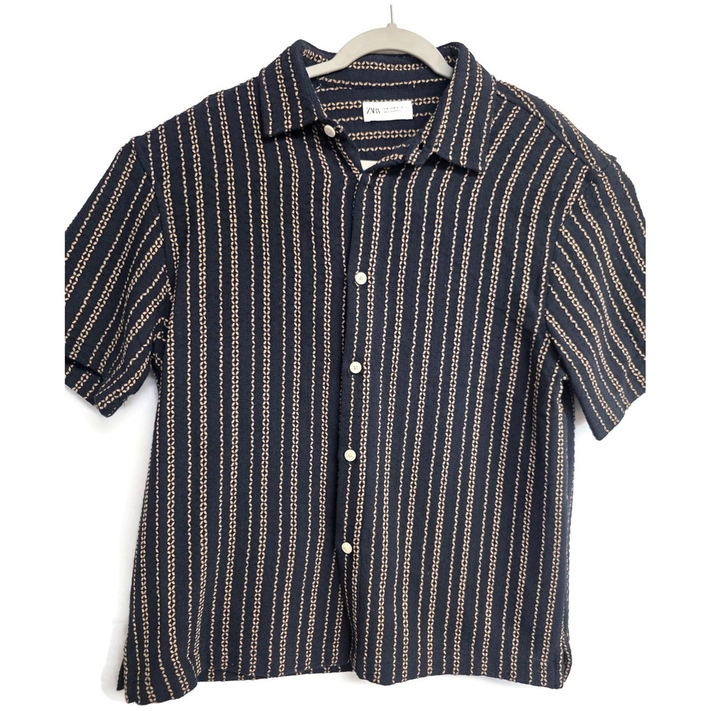 Zara Mens Navy Blue Gold Crochet Weave Striped Short Sleeve Button Down Shirt